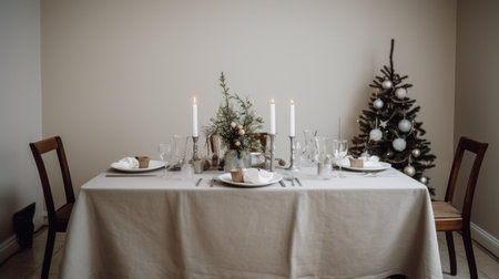 a white table setup in a dining room has a tablecloth.の素材