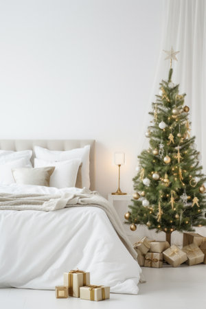 a white bedroom with a Christmas tree and decorations are arranged in a rustic wayの素材