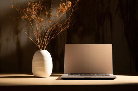a white vase next to a laptop computer in a space.の素材