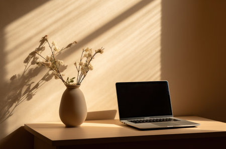 a white vase next to a laptop computer in a space.の素材