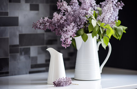 a white vase filled with white lilacs.の素材