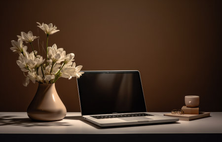 a white vase next to a laptop computer in a space.の素材