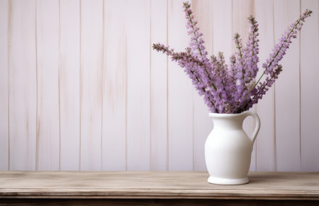 a white vase with lilas are sitting on top of a dresser table.の素材