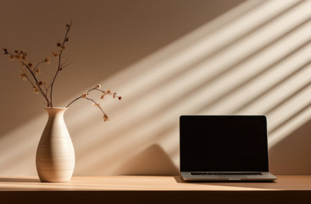 a white vase next to a laptop computer in a space.の素材