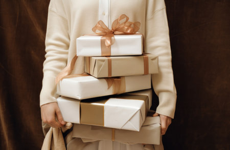 a woman carries three stacks of gifts.の素材