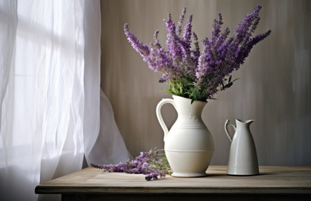 a white vase with lilas are sitting on top of a dresser table.の素材