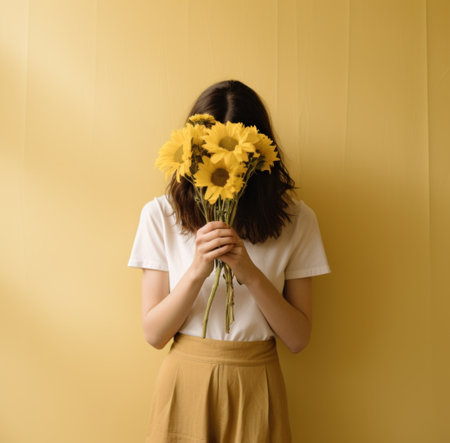 a woman holds flowers covering her face.の素材