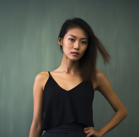 a woman in black and tank top wearing a sweater on top.の素材