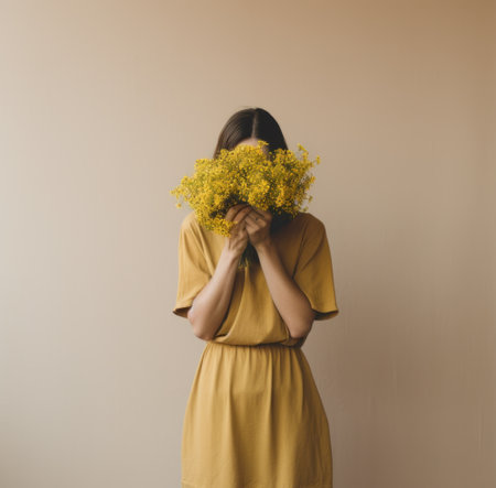 a woman holds flowers covering her face.の素材