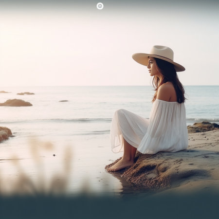 a woman in white in an ocean view hat sits on the beach.の素材