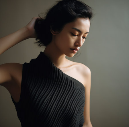 a woman in black and tank top wearing a sweater on top.の素材