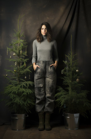 a woman is holding a pot with a Christmas tree.の素材