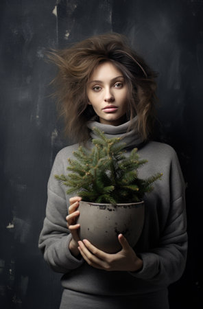a young lady is holding a small pot of christmas tree.の素材