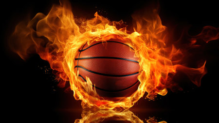 An eye-catching image of a basketball ball on fireの素材