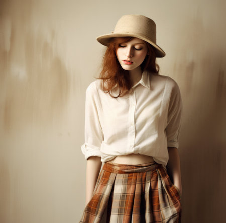a woman wearing a hat and plaid skirtの素材