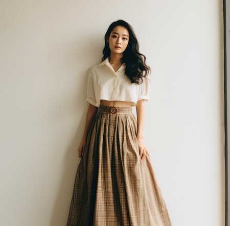 a women wearing a tan long skirt while standing on a wall.の素材