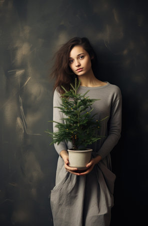 a young lady is holding a small pot of christmas tree.の素材