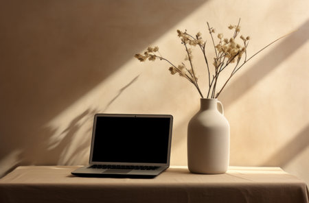 an empty vase and a laptop on top of a table.の素材