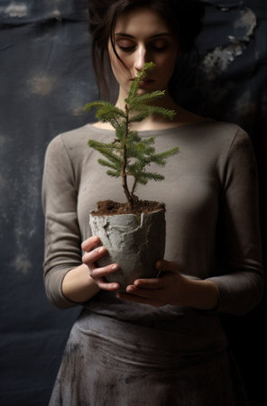 a young lady is holding a small pot of christmas tree.の素材