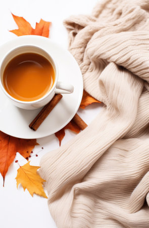 an orange cup of coffee with autumn leaves and knit scarf in the background.の素材
