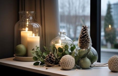beautiful apartment with green and gray christmas decorations.の素材