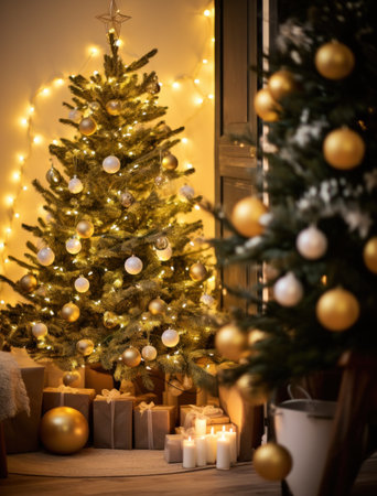 christmas tree decorated with gifts and wood.の素材