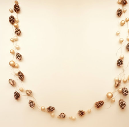 beige background with christmas ornaments, christmas garland and pine coneの素材