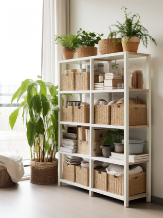 clean white shelf with wicker baskets and boxes.の素材