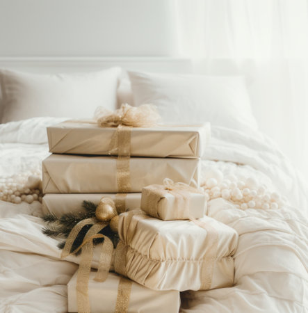 christmas boxes stacked on a bed covered with a rugの素材
