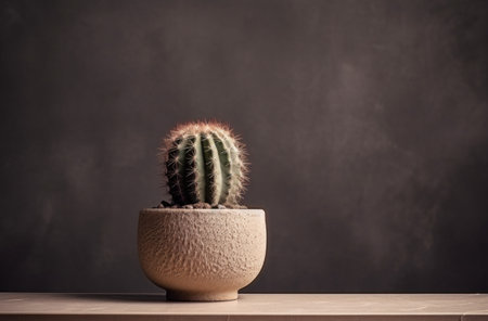 cactus in neutral toned cement pot, on wooden table.の素材
