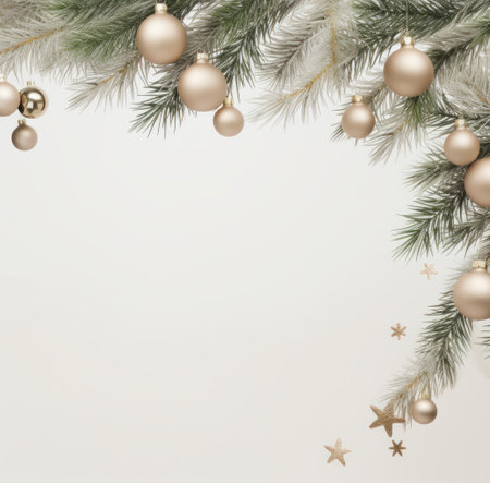 christmas ornaments on frame with pine branches on beige wall, png pictures.の素材