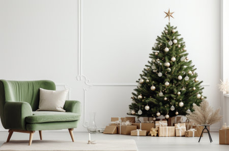 christmas tree in a living room with green chairs and an christmas treeの素材