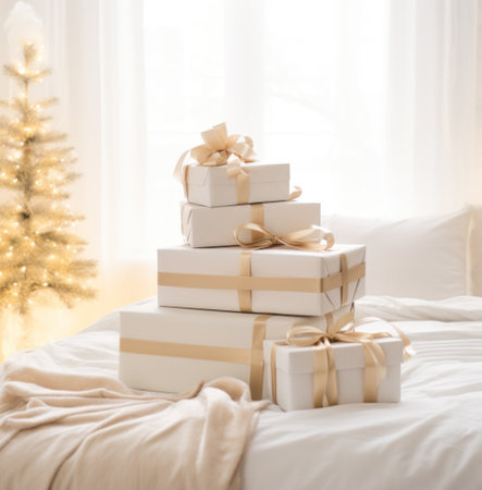 christmas boxes stacked on a bed covered with a rugの素材