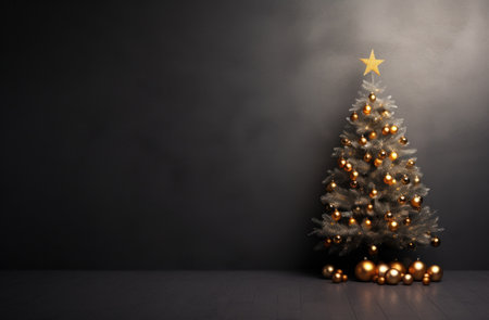 christmas tree in an open, gray room with a bokeh effect.の素材