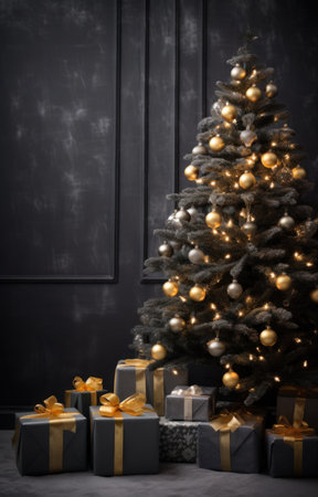 christmas tree with christmas presents next to itの素材