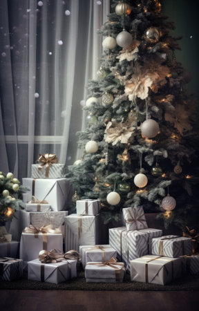christmas presents next to a christmas tree,.の素材