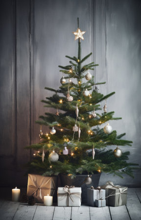 christmas tree decorated with gifts and wood.の素材