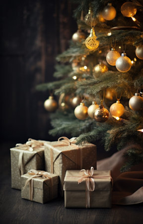 christmas presents next to a christmas tree,.の素材