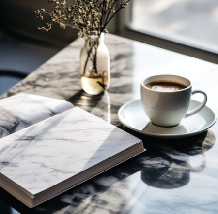 coffee and a book on a white table.の素材