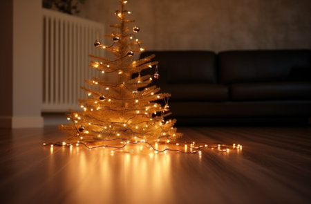 christmas tree with christmas lights on a floor.の素材