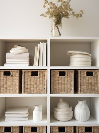 clean white shelf with wicker baskets and boxes.の素材