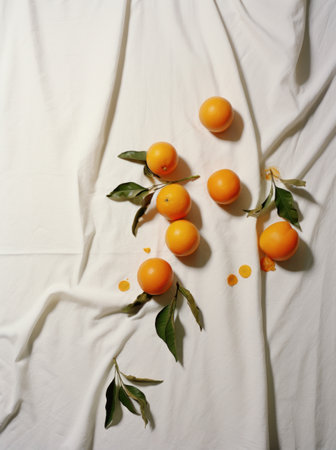 eight tangerines on white cloth, with green leaves, everyday ephemera, organic materialの素材