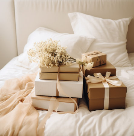 four gift boxes and crates on a bed with flowers and ornamentsの素材