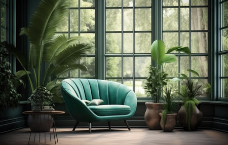 green sofa, chair and plants in a room with an open window.の素材