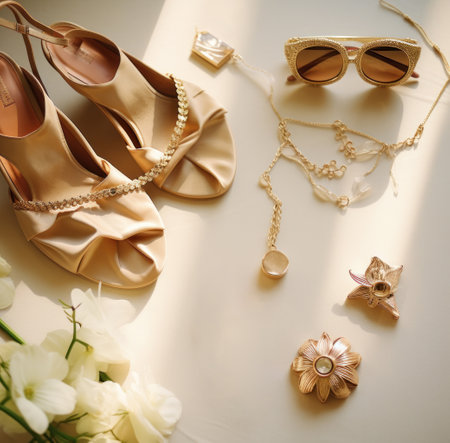 gold slip, gold sandals and gold earringsの素材