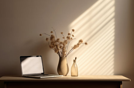 desk with laptop, vase and lamp on white table.の素材