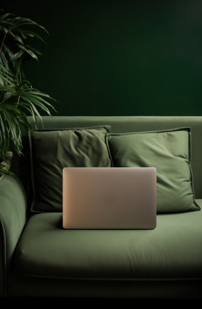 green laptop sitting on a sofaの素材