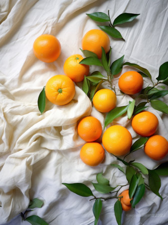 eight tangerines on white cloth, with green leaves, everyday ephemera, organic materialの素材