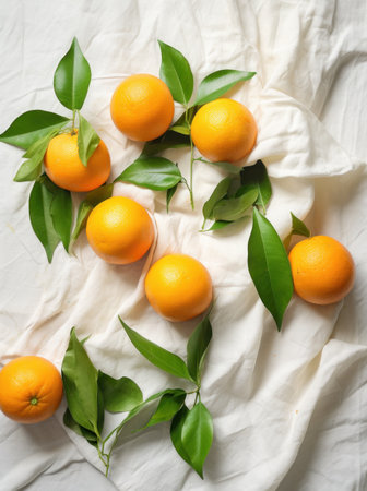 eight tangerines on white cloth, with green leaves, everyday ephemera, organic materialの素材