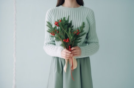 a woman holding a bunch of Christmas tree branches and a little red bow in her hands.の素材